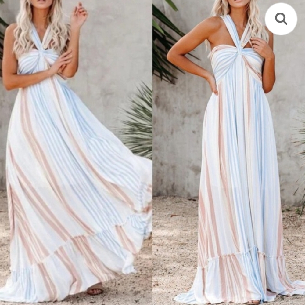 Fate Pastel Ruffled Striped Maxi Dress Size Medium